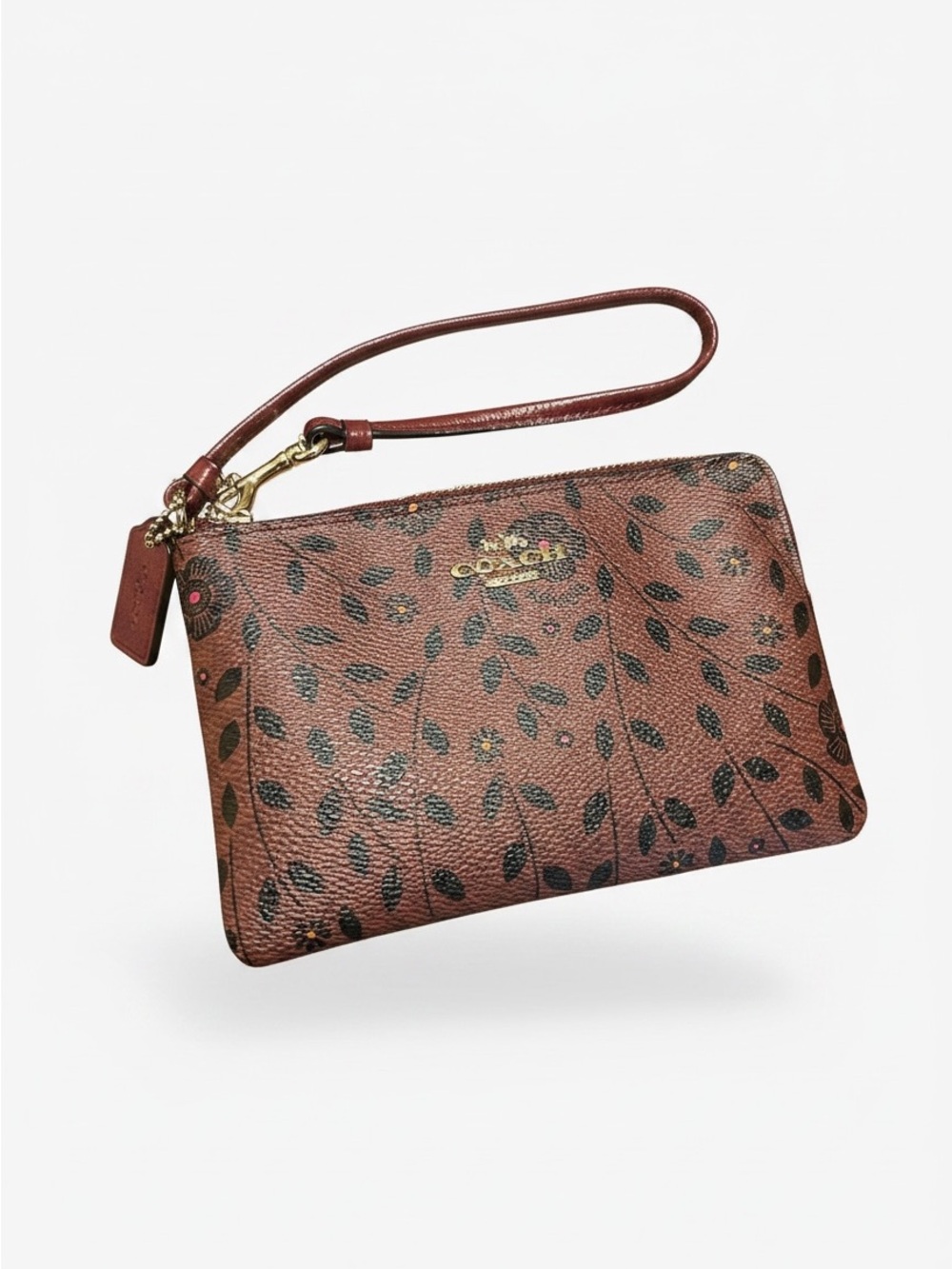 Coach Floral Print Leather 3/4 Wristlet in Brown